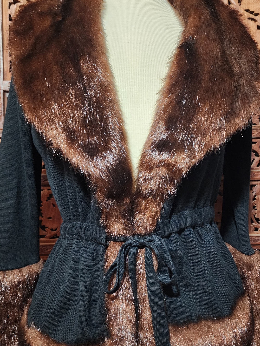 Tina Hagen Black Sweater with Brown Faux Fur Trim